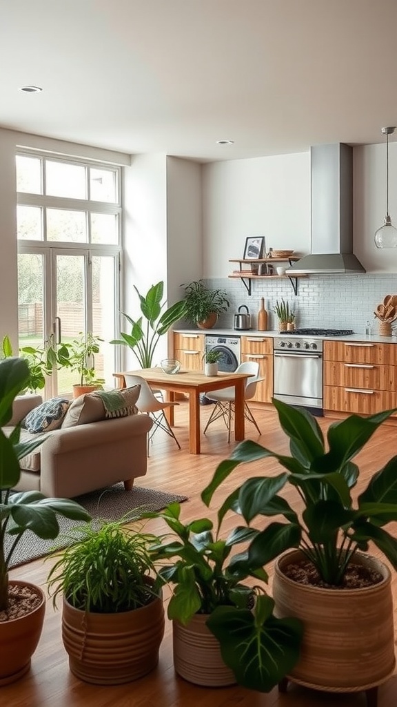 A cozy living room and kitchen area with plants, wooden furniture, and large windows.