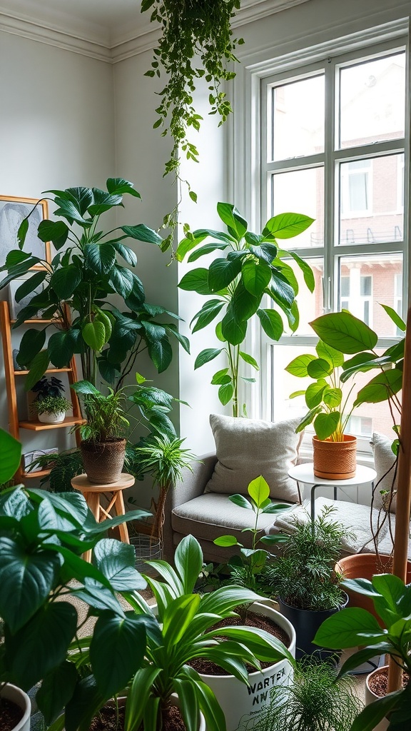 A cozy living room filled with various indoor plants and a comfortable seating area.