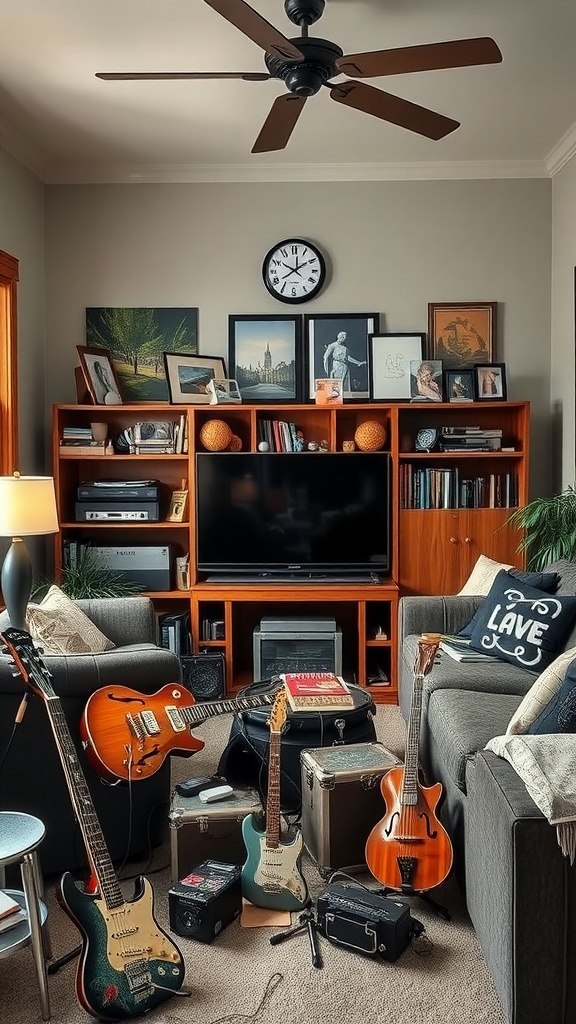 A cozy living room with guitars and musical equipment, showcasing personal hobbies.