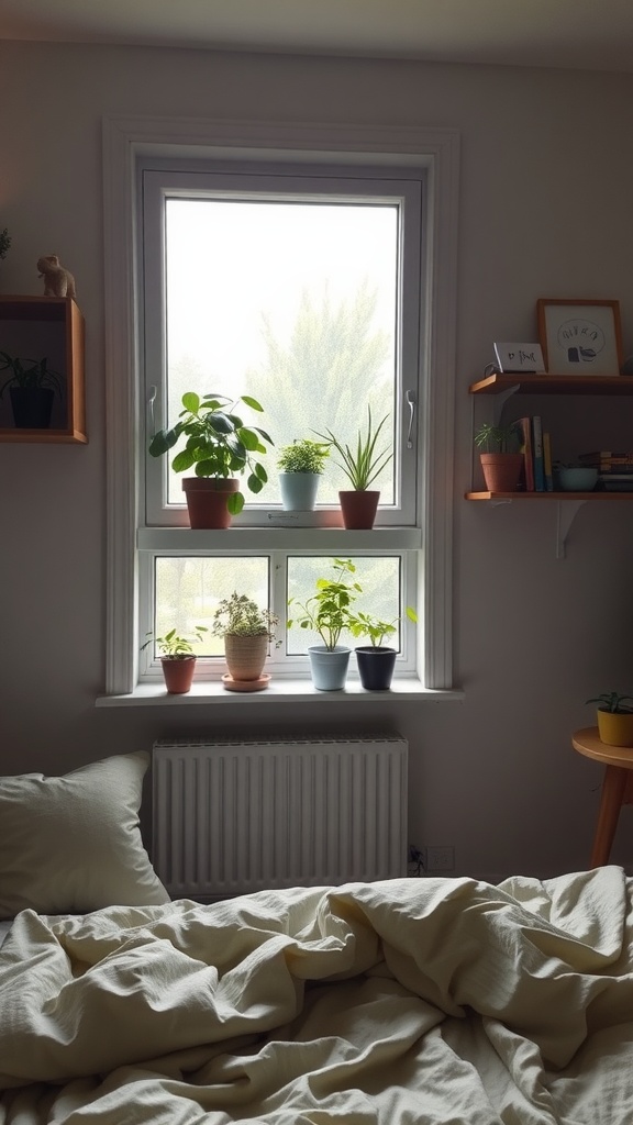 A cozy bedroom with various potted plants on the windowsill, creating a fresh atmosphere.