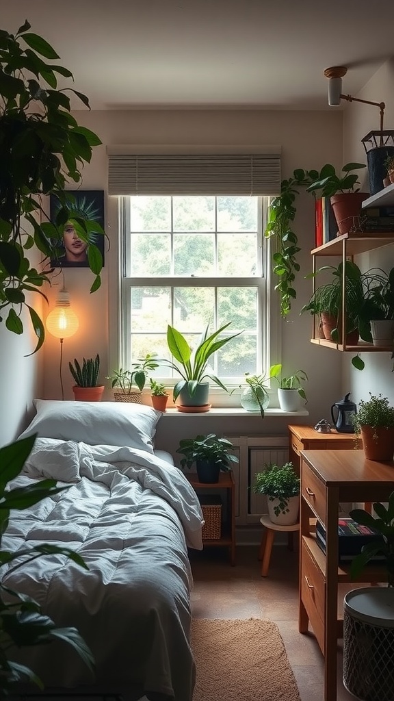 A small shared bedroom filled with various plants, showcasing a cozy and vibrant atmosphere.