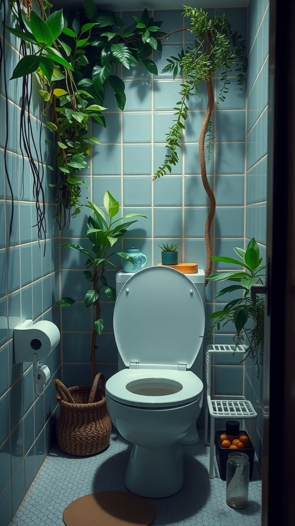 Small toilet room with plants and blue tiles