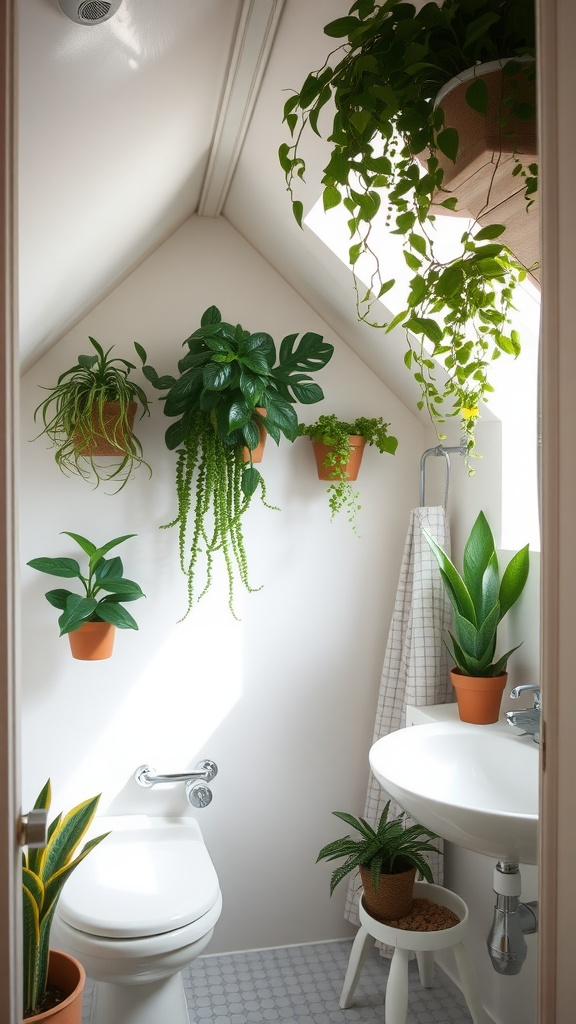 Small bathroom with slanted ceiling featuring various houseplants in pots and hanging planters