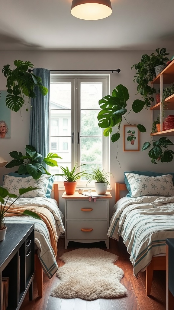 A cozy shared bedroom featuring two beds with decorative bedding, surrounded by various indoor plants near the window, creating a fresh and inviting atmosphere.