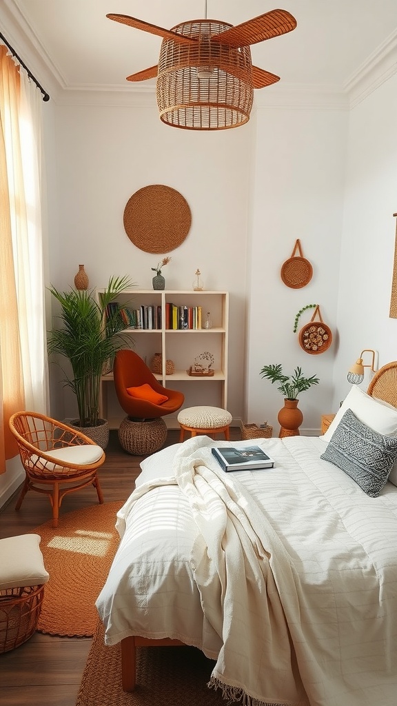 A small bedroom featuring rattan and wicker details, including a ceiling fan, wall decor, and furniture.