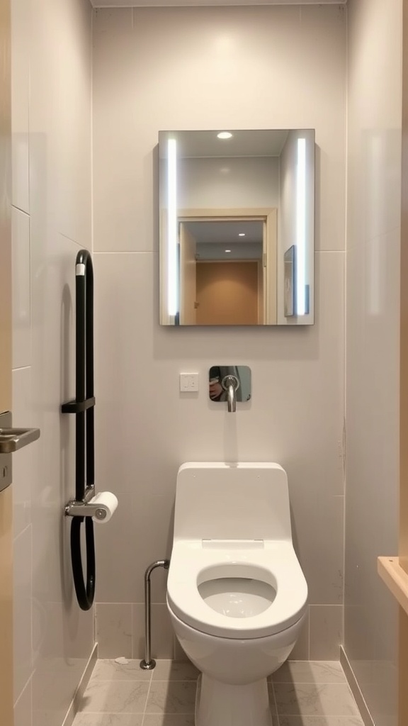 A compact toilet room with a modern design, featuring a toilet, illuminated mirror, and grab bar.