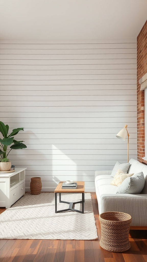 A cozy living room with shiplap walls, a light sofa, and a wooden coffee table.