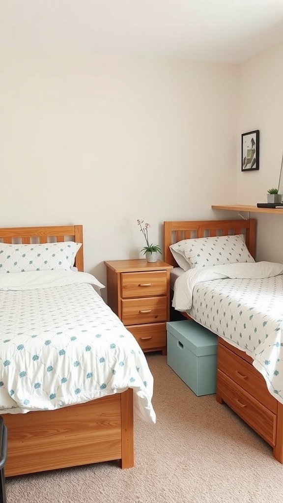 A small shared bedroom featuring two twin beds with under-bed storage solutions