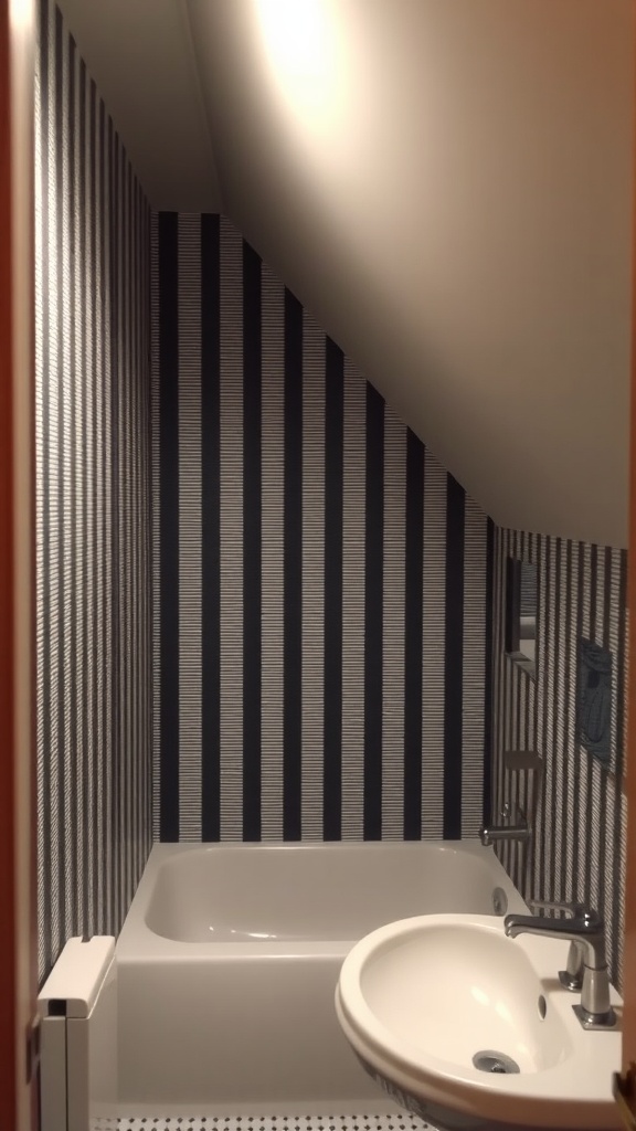Small bathroom with slanted ceiling featuring vertical striped wallpaper