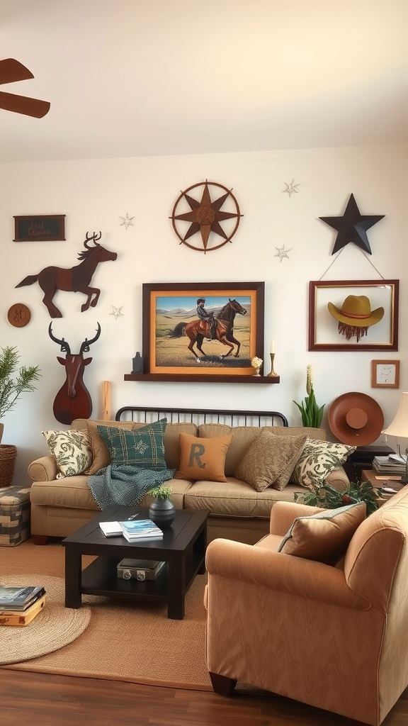 A modern western living room featuring artwork, crafts, and cozy furnishings.