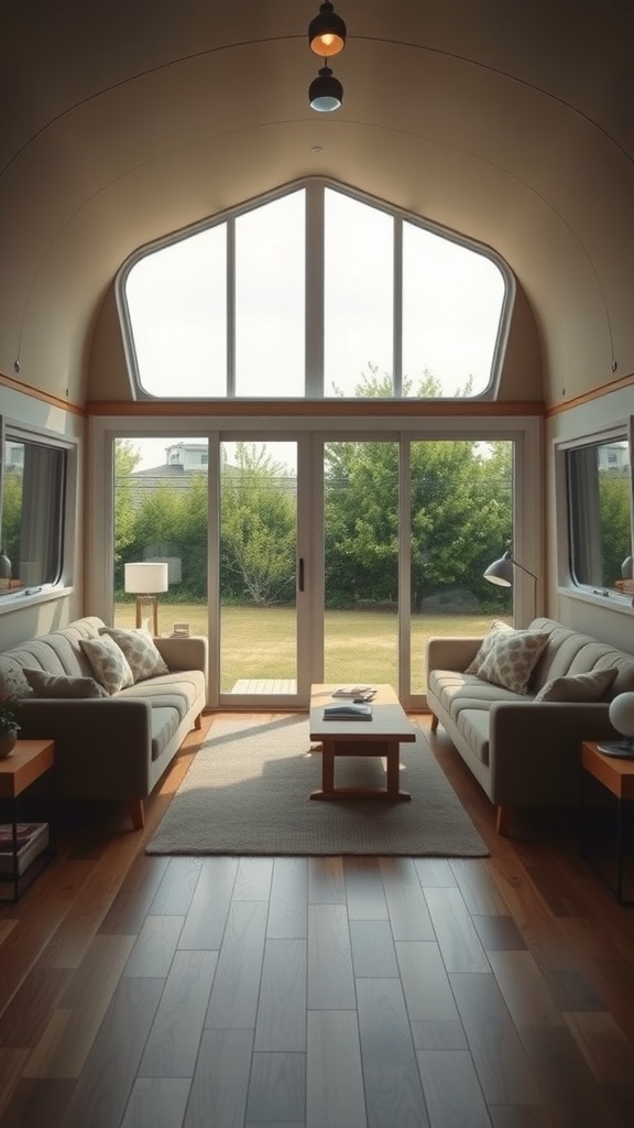 A cozy living room with large windows overlooking greenery