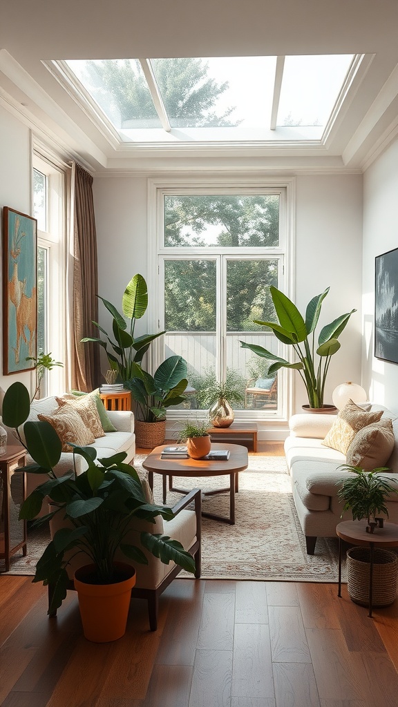 Elegant living room featuring a variety of indoor plants, large windows, and natural light.