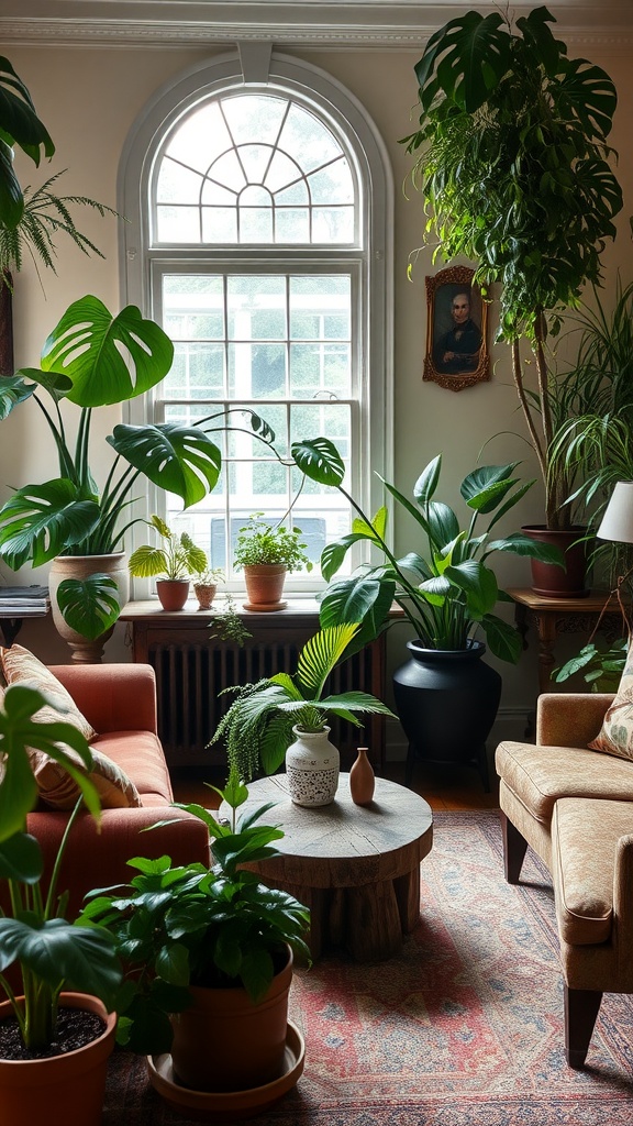 A cozy old English living room filled with various indoor plants, featuring a large window letting in natural light and comfortable seating.