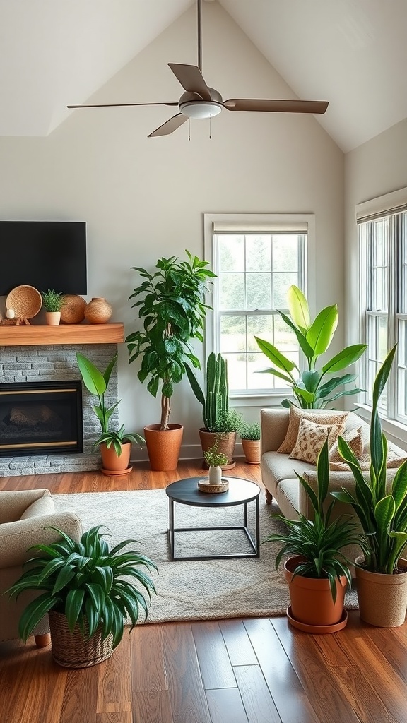 A cozy ranch-style living room featuring various indoor plants, a stone fireplace, and large windows.