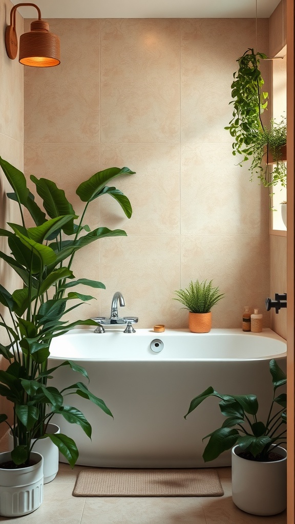 A warm bathroom featuring a white bathtub surrounded by indoor plants, with a warm light fixture and earthy tones.