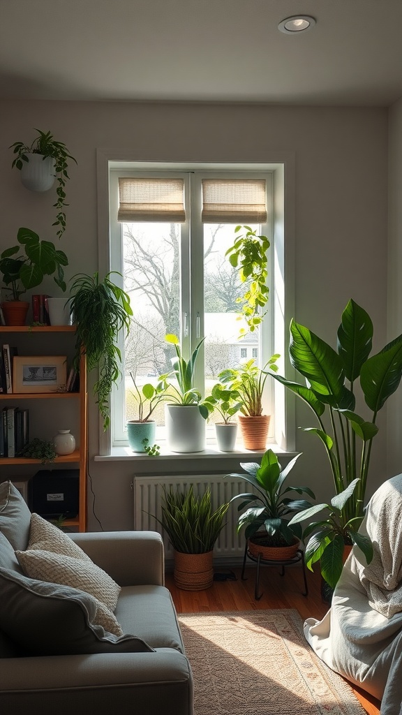 Cozy dorm living room with various indoor plants by the window