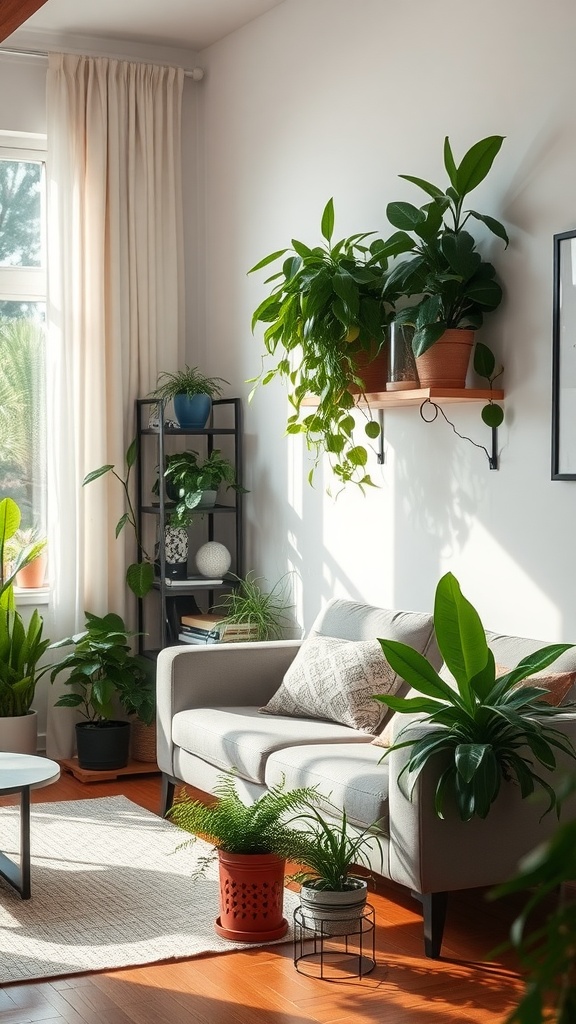 Cozy mobile home living room with various indoor plants, a sofa, and a natural light source.