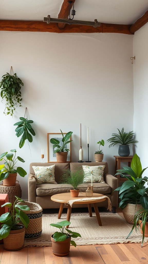 Cozy living room filled with various indoor plants, showcasing earthy tones and comfortable furniture.