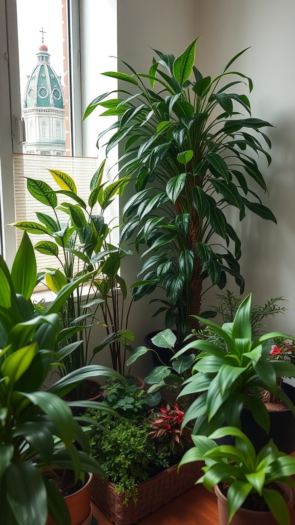 A collection of indoor plants in a living room with a view of a dome structure outside the window.