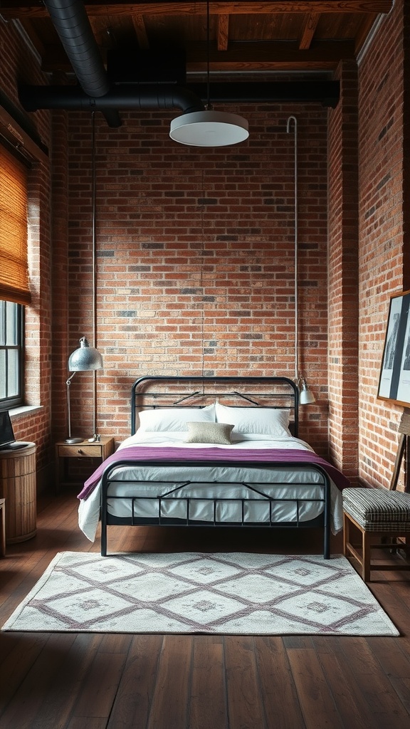 A stylish industrial chic bedroom featuring a metal bed frame, exposed brick wall, and warm lighting.