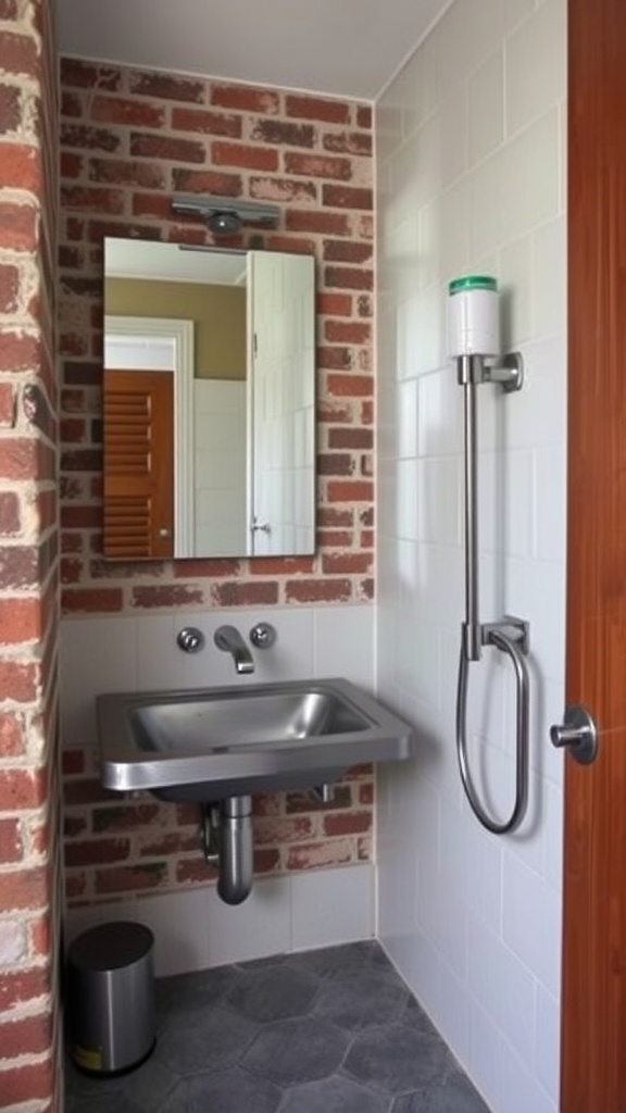 An industrial chic ensuite bathroom featuring exposed brick walls, a stainless steel sink, and modern fixtures.