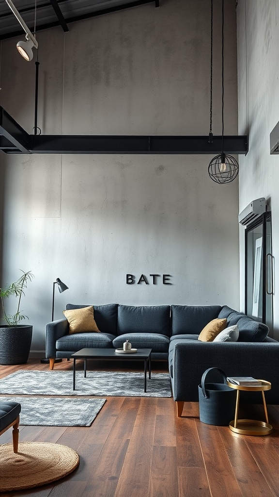 A stylish living room featuring a dark gray couch and industrial decor.