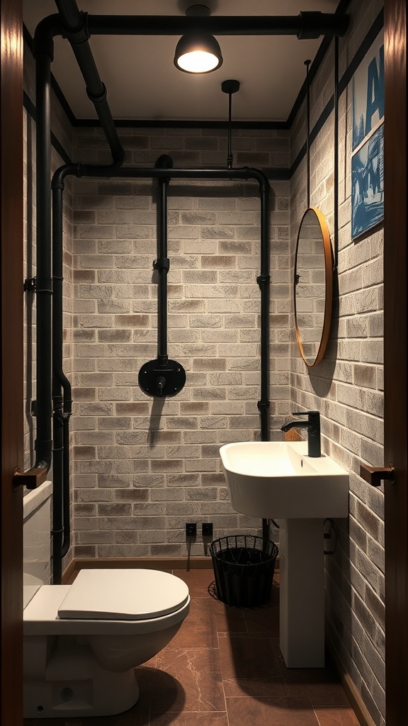 A small bathroom featuring exposed black pipes, a circular mirror, and a modern sink on a brick wall background