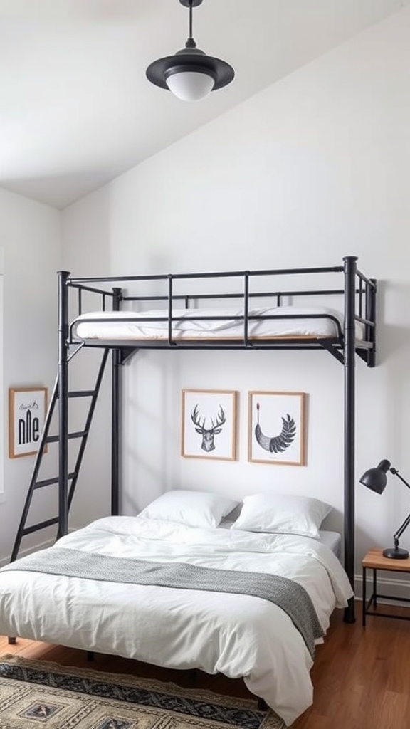 Industrial pipe loft bed with a black metal frame and cozy bedding