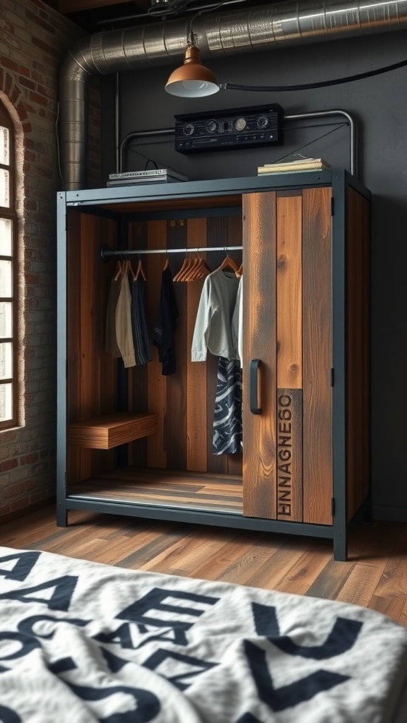 An industrial style wardrobe made of metal and wood showcasing an organized clothing space