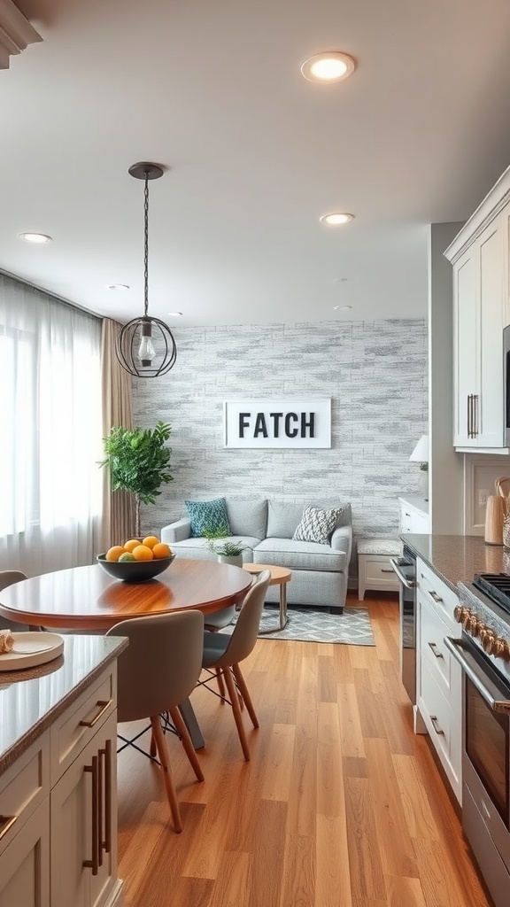 A cozy kitchen and living room featuring a sleek backsplash and modern decor.