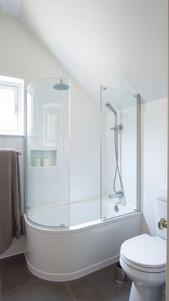 Small bathroom with a slanted ceiling featuring a curved bathtub and glass shower screen