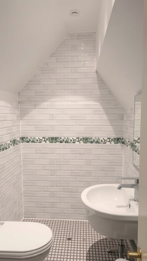 Small bathroom with slanted ceiling featuring white subway tiles and a decorative green border.