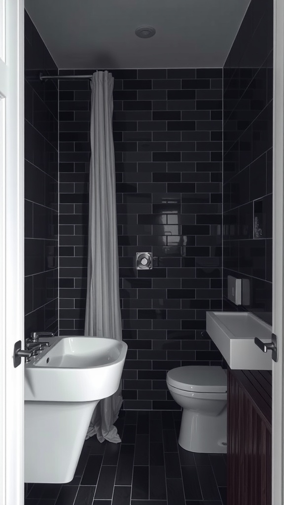 Small dark bathroom featuring dark tiles and minimalistic fixtures