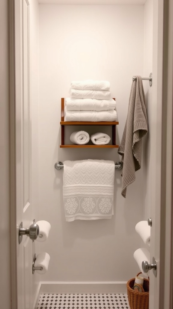 A small downstairs toilet showing towel storage solutions, with a wooden shelf holding stacked towels, a towel bar, and a woven basket.