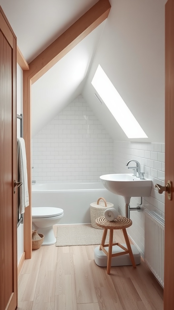 Small bathroom with slanted ceiling featuring wooden accents and skylight