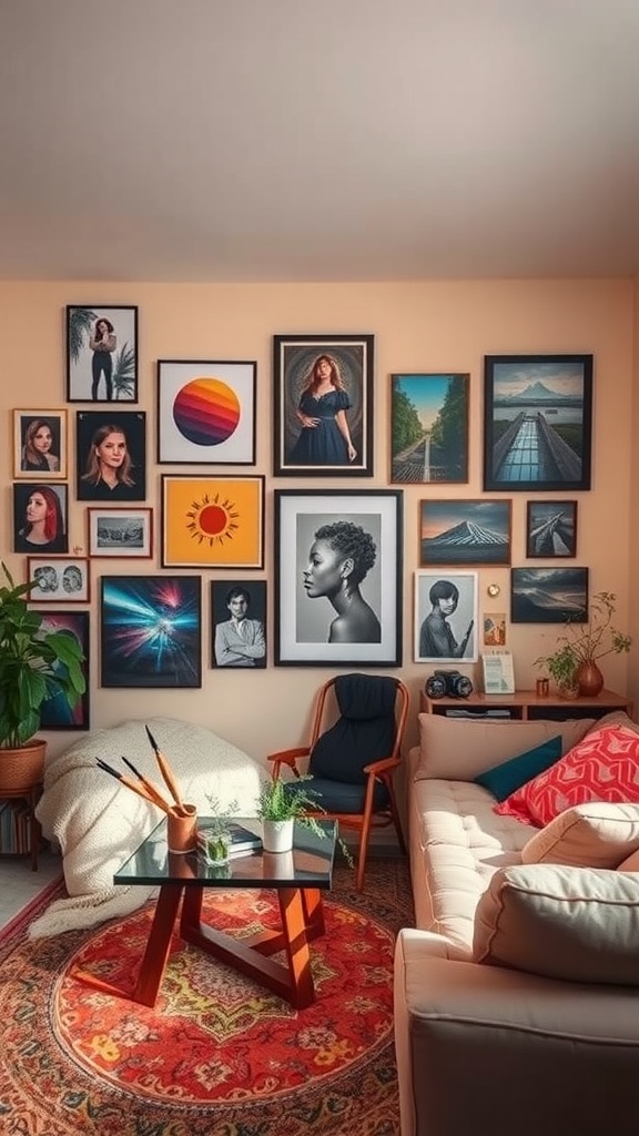 A cozy living room with an array of framed artwork on the walls, featuring portraits and abstract designs, complemented by a comfortable seating area.