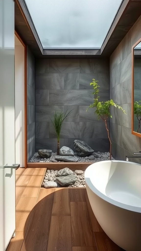 A modern bathroom with an integrated indoor garden featuring plants, stones, and a skylight.