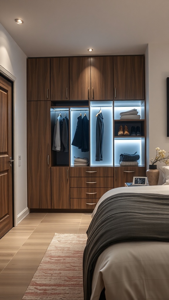 A stylish bedroom with a built-in wardrobe featuring integrated lighting and organized clothing