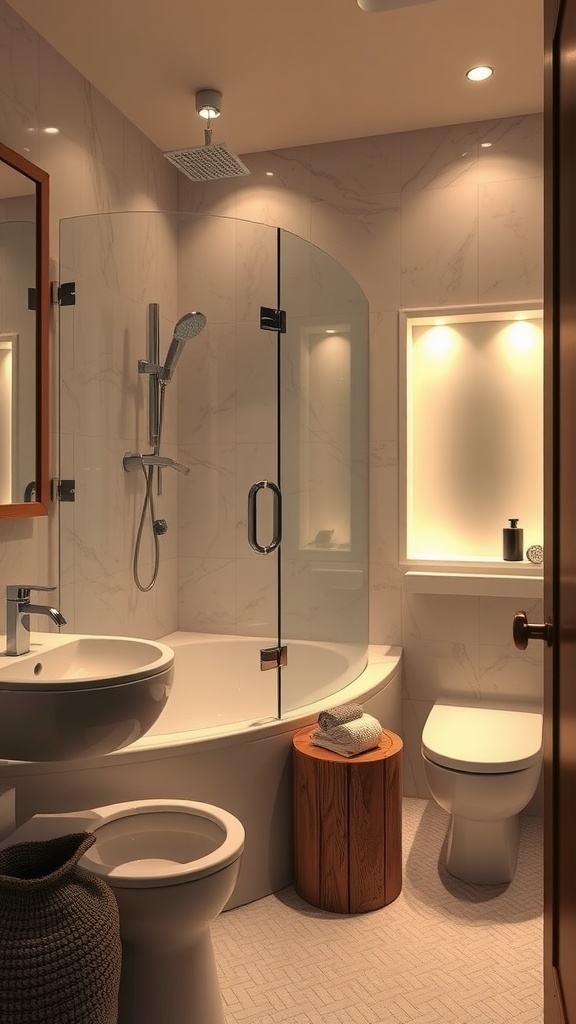 A small bathroom with a beautifully integrated lighting design in the shower area, featuring marble tiles, a glass shower enclosure, and an illuminated shelf.