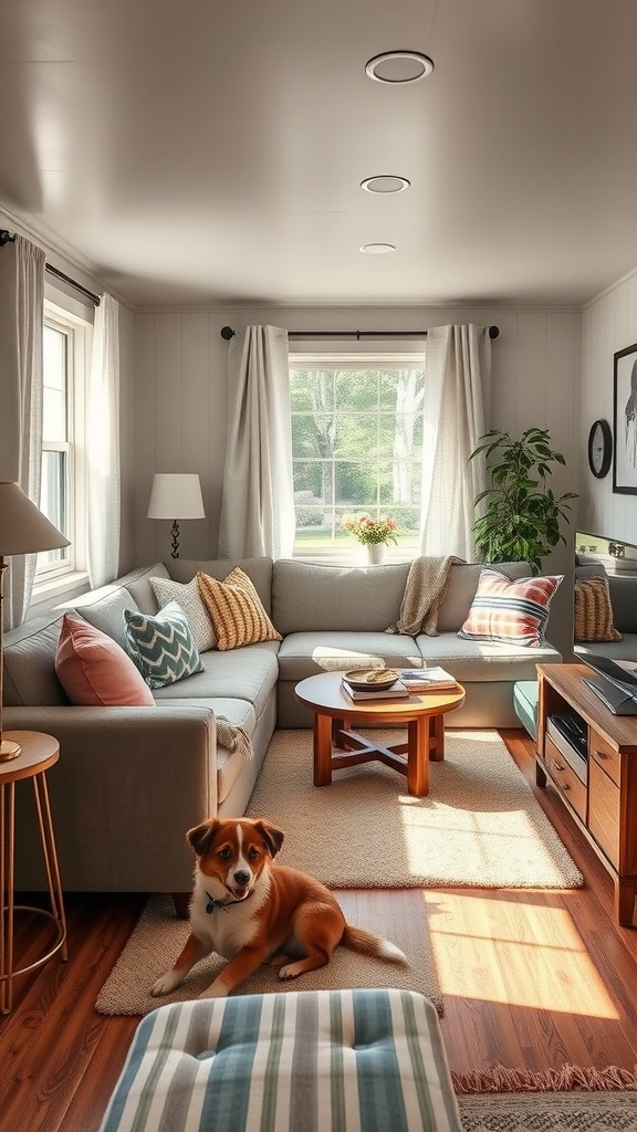 Cozy living room with a dog, featuring soft furnishings and a welcoming atmosphere.