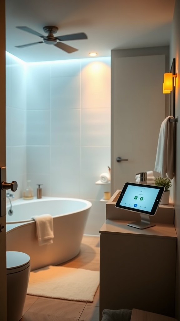 A modern bathroom featuring a freestanding bathtub, smart display for temperature control, and warm lighting