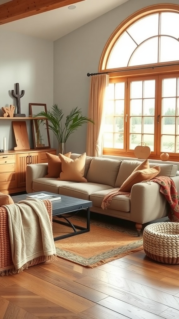 A modern western living room with cozy textiles, including throws and cushions, featuring a neutral sofa, wooden accents, and large windows.