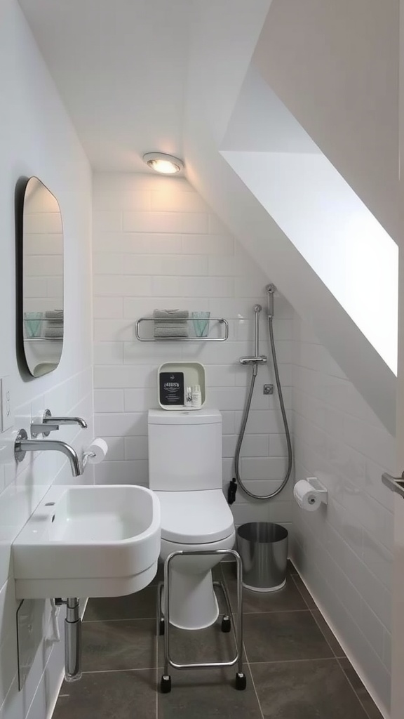 Small bathroom with slanted ceiling featuring modern fixtures and smart design