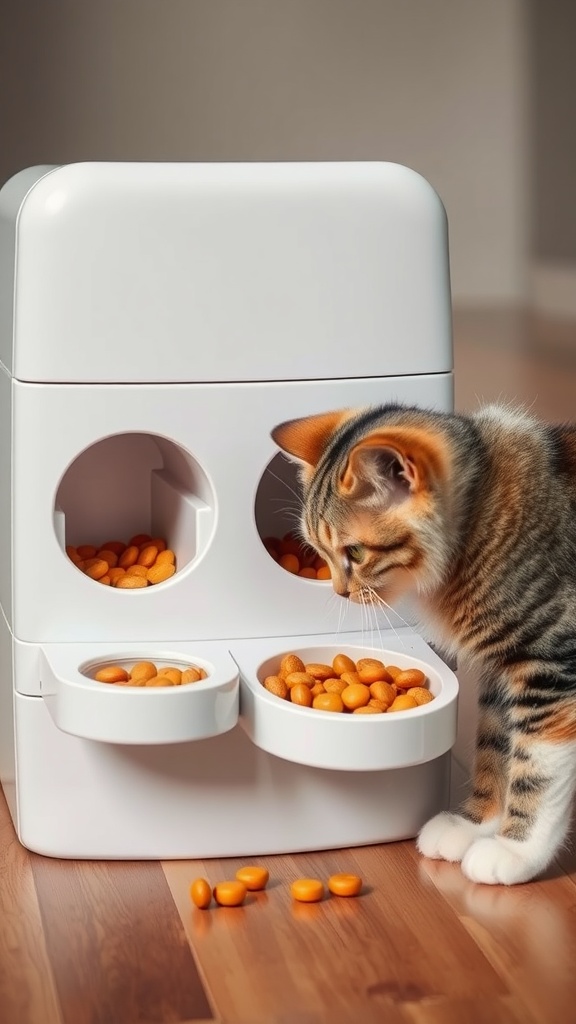 A curious cat inspecting a white interactive puzzle feeder filled with orange treats.