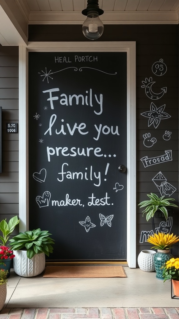 A chalkboard wall with a heartfelt message surrounded by potted plants on a cozy front porch.