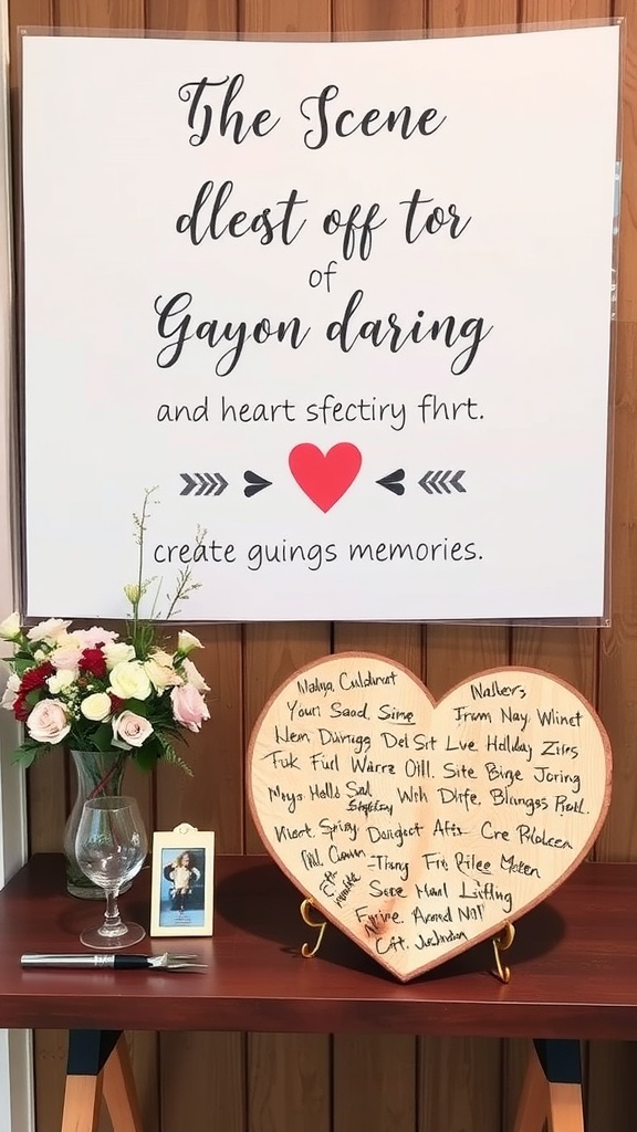 A decorative setup for a baby shower featuring a heart-shaped guest book, flowers, and a photo frame.