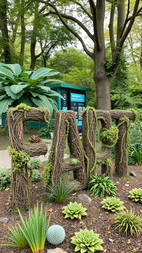 A plant art installation featuring letters made of branches and greenery in a whimsical garden setting.