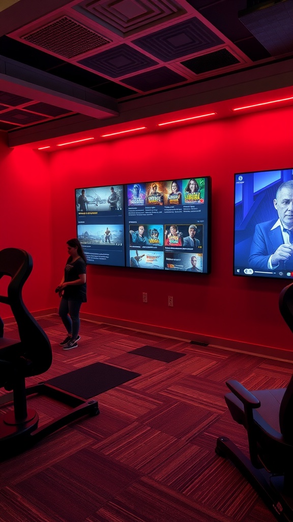 Interactive wall with multiple screens displaying games in a gaming room with red lighting