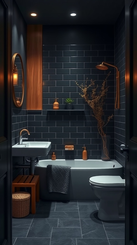 A cozy, dark-themed bathroom with deep blue accents, featuring a modern sink, tub, and warm wooden elements.