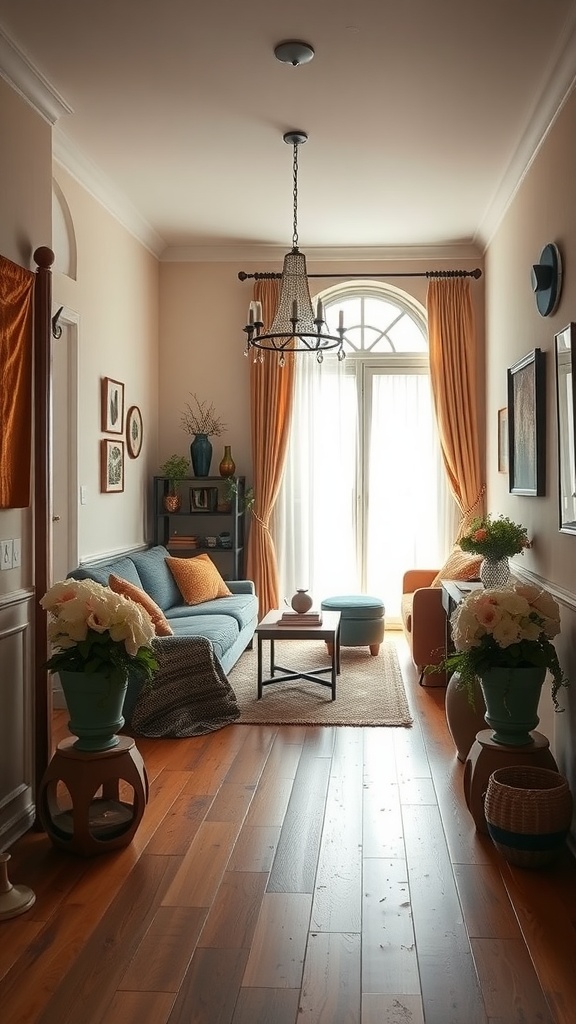 A cozy modern boho living room with a blue sofa, wooden floors, and vibrant plants in decorative pots.